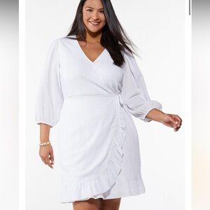 CATO WOMENS PLUS SIZE TEXTURED FAUX WRAP DRESS BRIGHT-WHITE